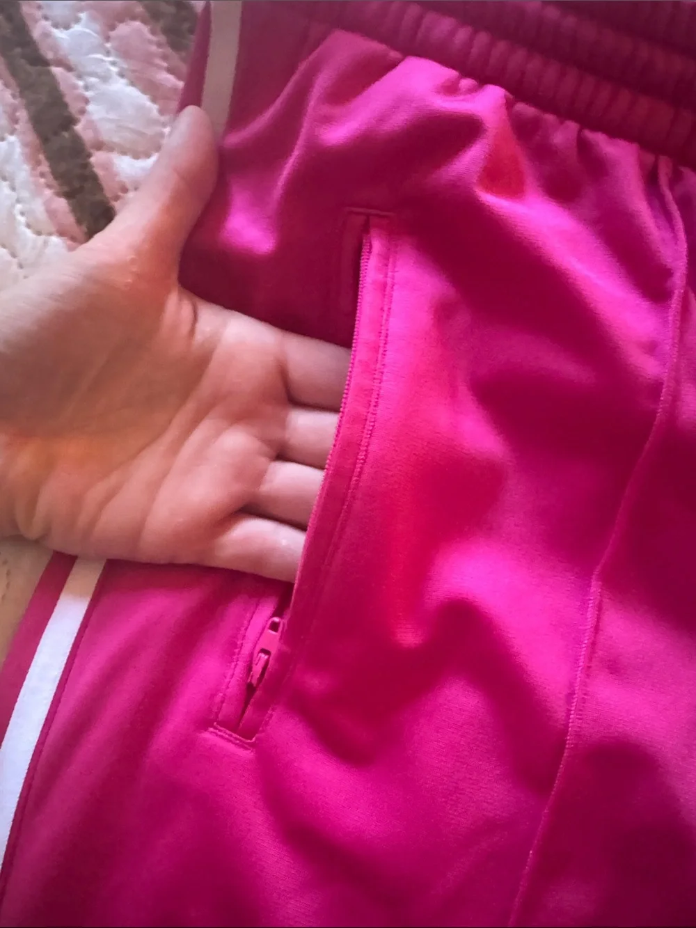 adidas women’s Bright Pink Track Pants with White Side Stripes - Picture 3 of 5